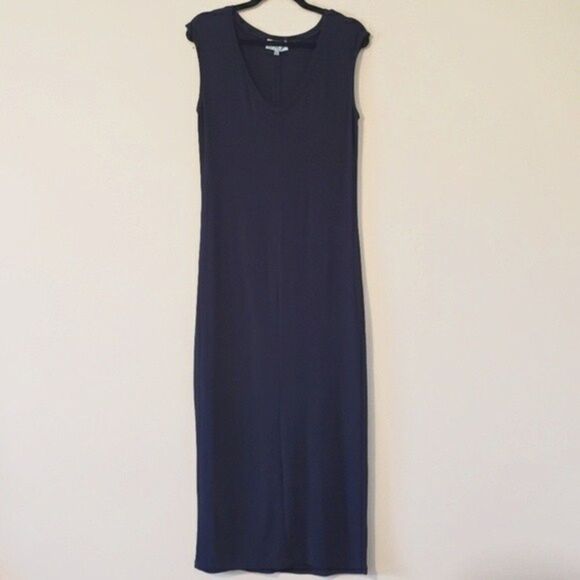 Joan Vass Navy Midi Dress Cap Sleeeve Stretch Jersey Knit Medium - Picture 1 of 6